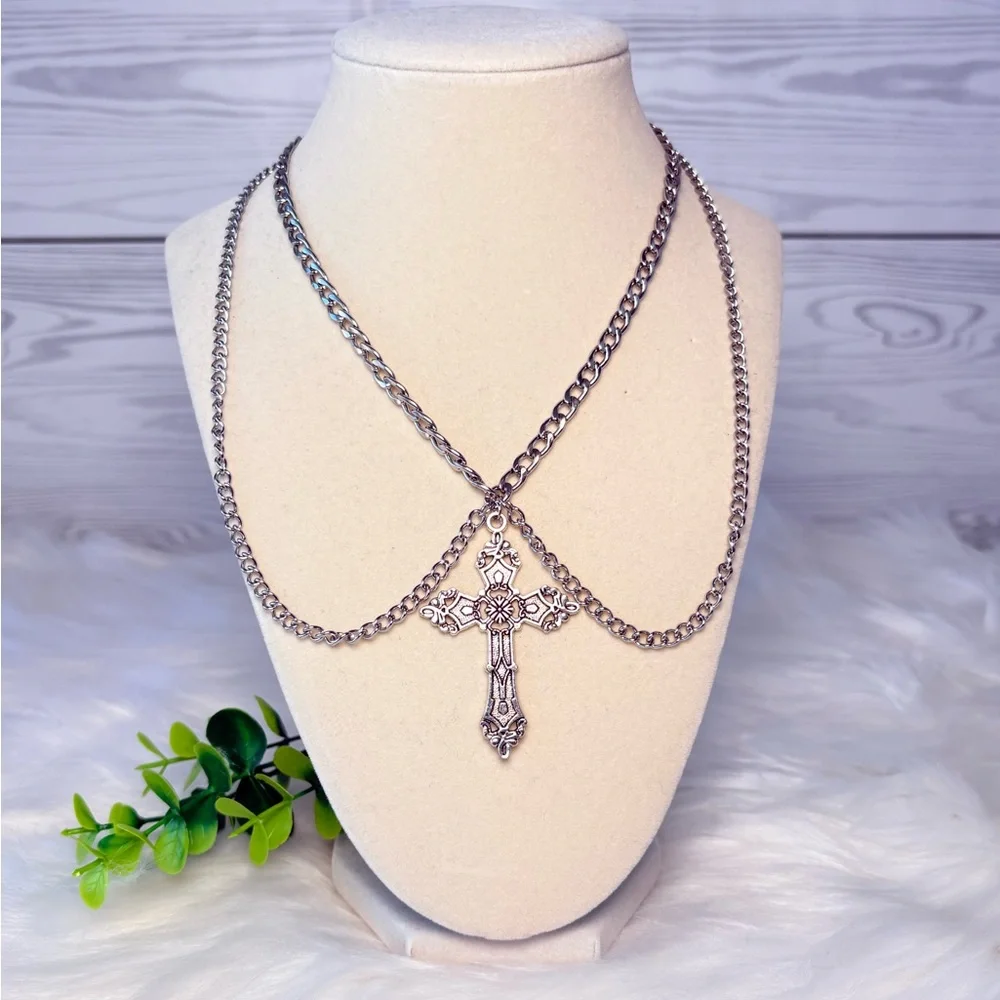 Elegant Silver Cross Double Chain Choker‎ Necklace